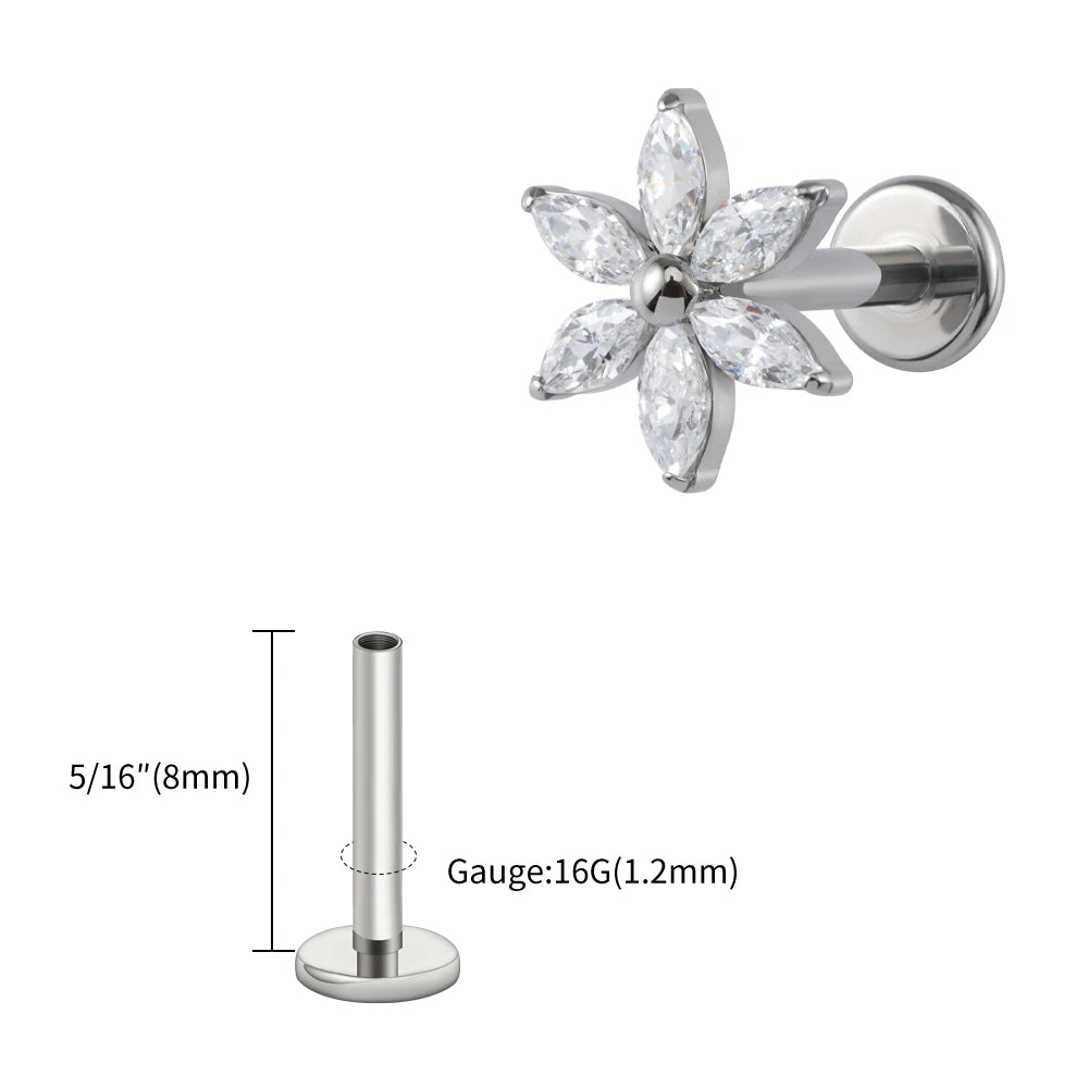 Right Grand ASTM F136 Titanium 16G Marquise Flower CZ Labret Stud Helix Conch Cartilage Tragus Flat Back Piercing Body jewelry