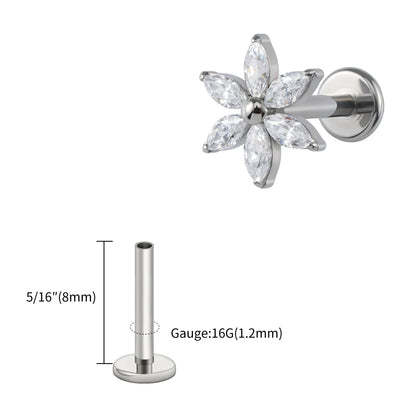 Right Grand ASTM F136 Titanium 16G Marquise Flower CZ Labret Stud Helix Conch Cartilage Tragus Flat Back Piercing Body jewelry