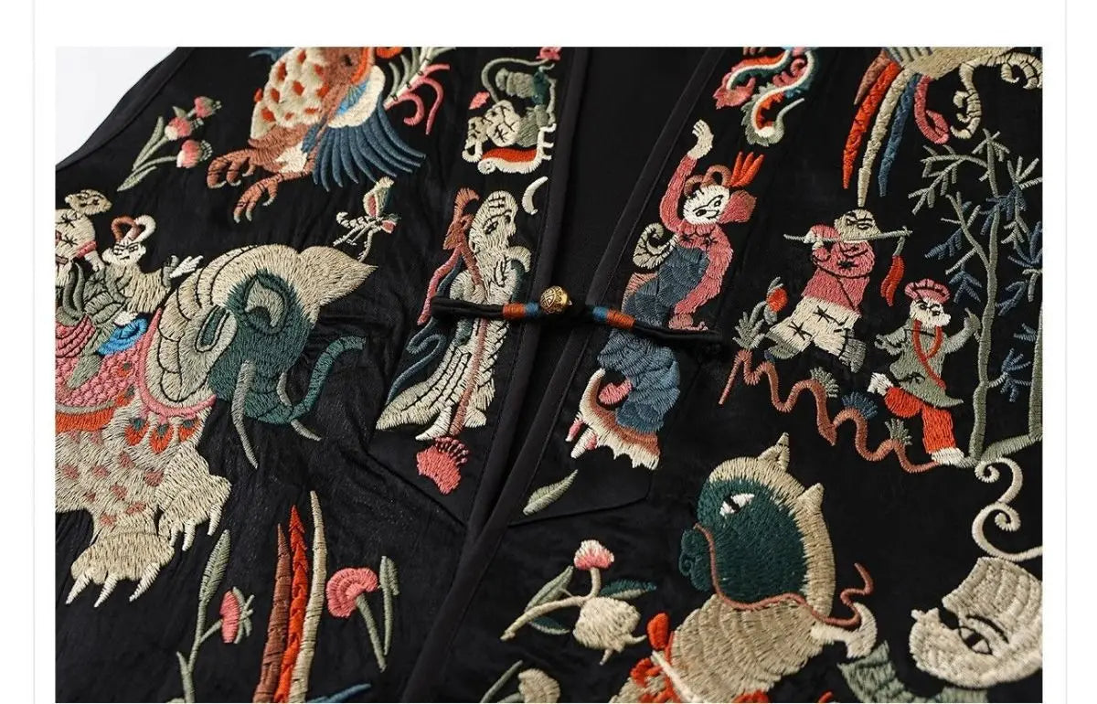 Oriental Vintage Tang Suit Women Vest Black Jacquard Heavy Phoenix Embroidery Organza Splicing Side Tie Sleeveless Waistcoat