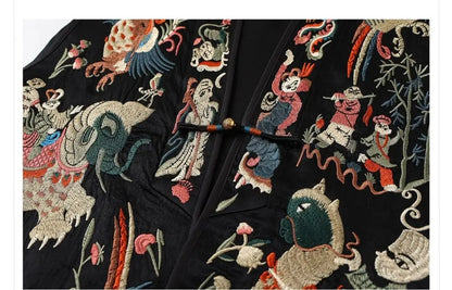 Oriental Vintage Tang Suit Women Vest Black Jacquard Heavy Phoenix Embroidery Organza Splicing Side Tie Sleeveless Waistcoat