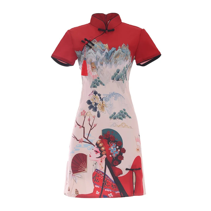 Women's Modern Cheongsam Dress - Red Retro Floral Print Qipao Modern Chic Chinese Style Party Dress