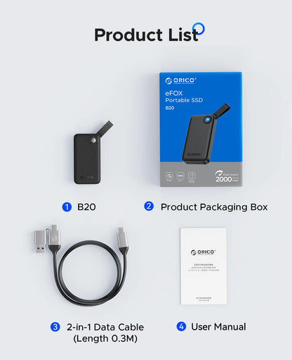 ORICO 2TB Portable SSD, Up to 2000MB/s, USB 3.2 Gen 2x2, Ultra-Mini, Compact with 2 in 1 USB C Cable, External Solid State Drive