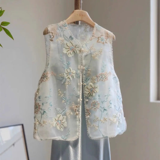 Floral Embroidery Vest Women Sleeveless Embroidered Tops Chinese Style Ethnic Vintage Tang Vest