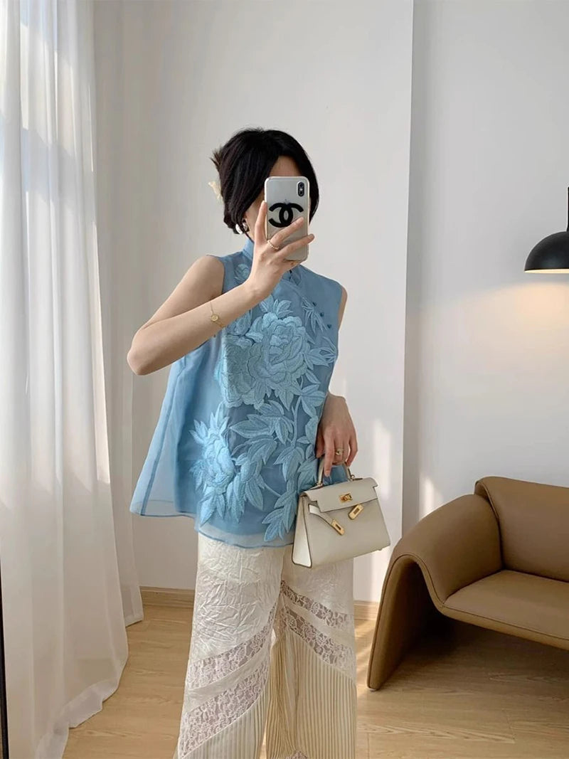 Summer Sleeveless Shirt Embroidered Slanted Stand Collar Chiffon Top Elegance Vest Blouse Chinese Style Women's Clothing