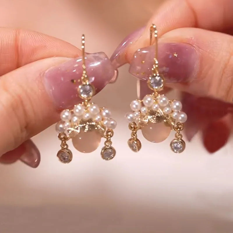 New Trend Simulation Pearl Long Earrings Women's Flower Rhinestone Wedding Pendant Earrings Fashion Korean Jewelry Earrings