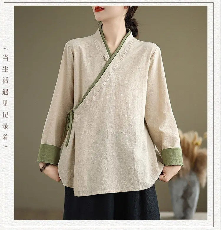 Womens Chinese Style Improved Hanfu Blouse Oblique V Neck Tie Side Contrast Trim Loose Cotton Linen Zen Tea Clothing Tops