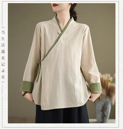 Womens Chinese Style Improved Hanfu Blouse Oblique V Neck Tie Side Contrast Trim Loose Cotton Linen Zen Tea Clothing Tops