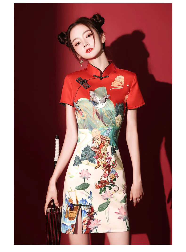 Y2K New Fashion Vintage Cheongsams Chinese Traditional Dress Personality Printed Improved Qipao ципао 치파오 Robe Soirée