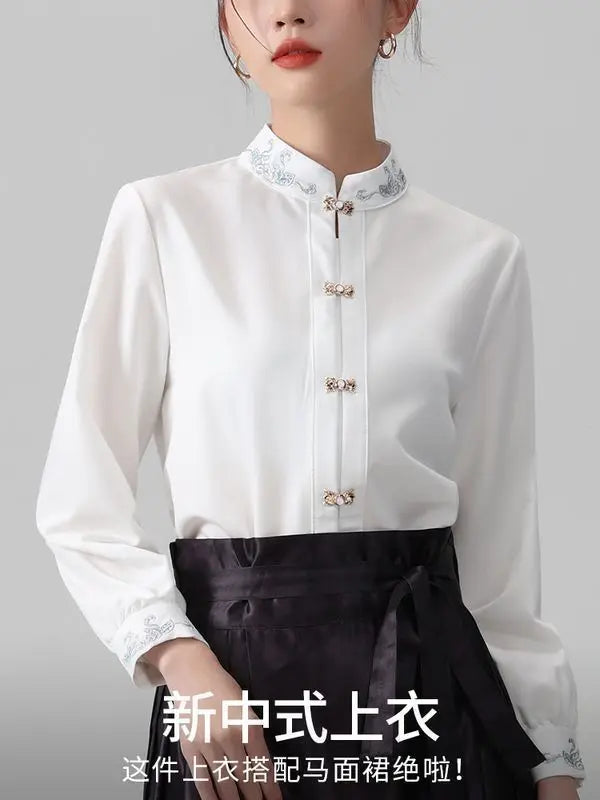 Chinese Style Standing Collar Long Sleeved Shirt for Early Spring Style with Embroidered Chinese Style Women's Clothing Inside