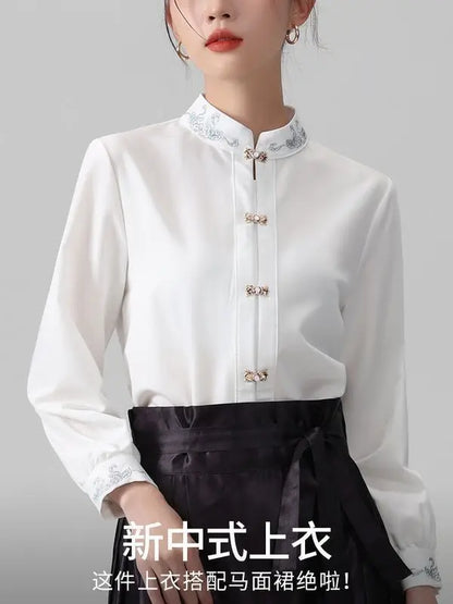 Chinese Style Standing Collar Long Sleeved Shirt for Early Spring Style with Embroidered Chinese Style Women's Clothing Inside