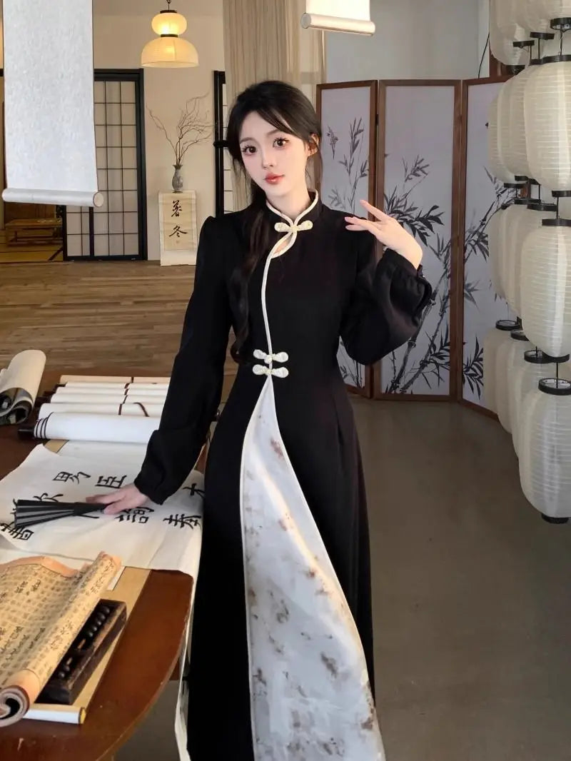 New Chinese National Style New Year Battle Robe Button Modified Qipao Long Dress Women Temperament Splicing Dark Pattern Dresses