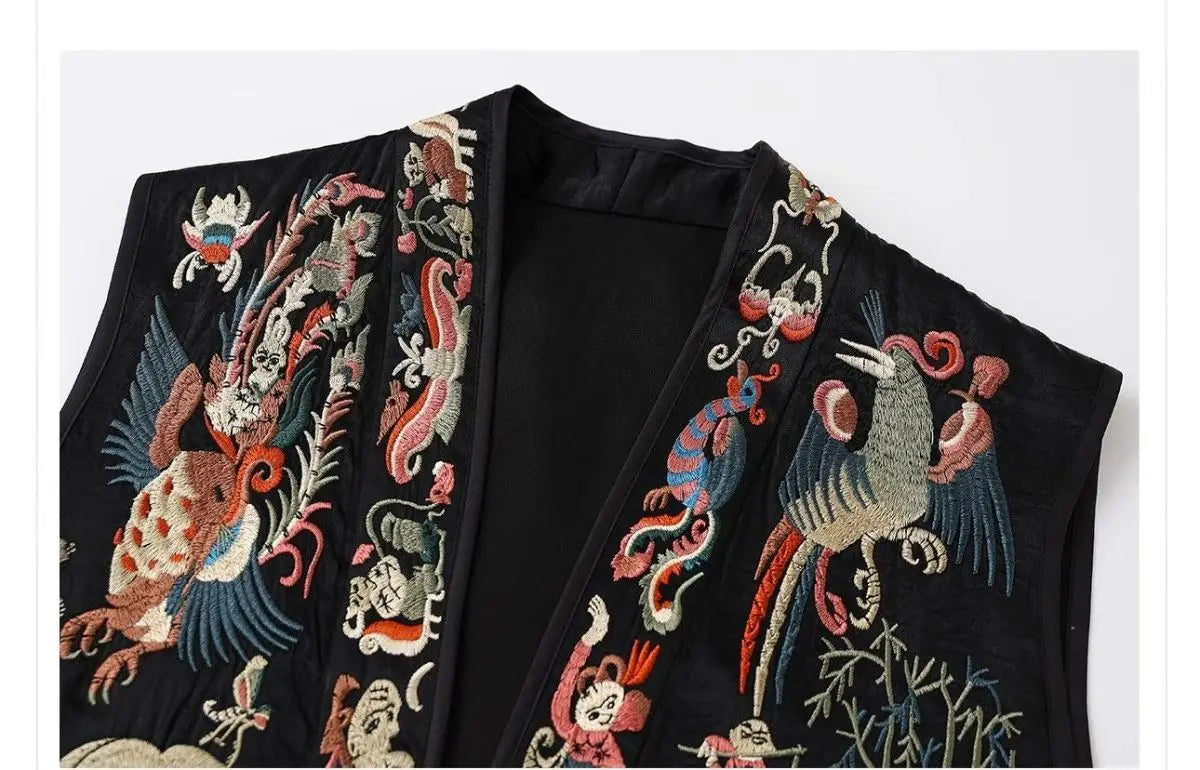 Oriental Vintage Tang Suit Women Vest Black Jacquard Heavy Phoenix Embroidery Organza Splicing Side Tie Sleeveless Waistcoat