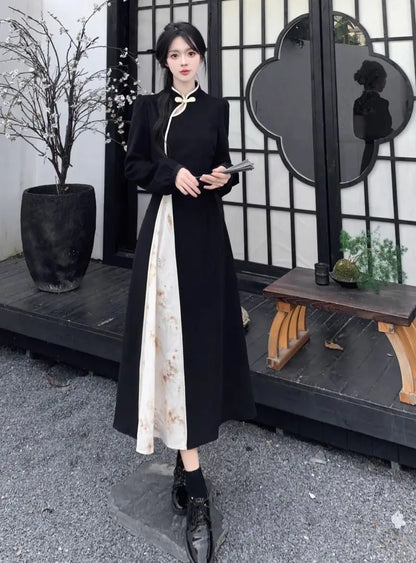 New Chinese National Style New Year Battle Robe Button Modified Qipao Long Dress Women Temperament Splicing Dark Pattern Dresses