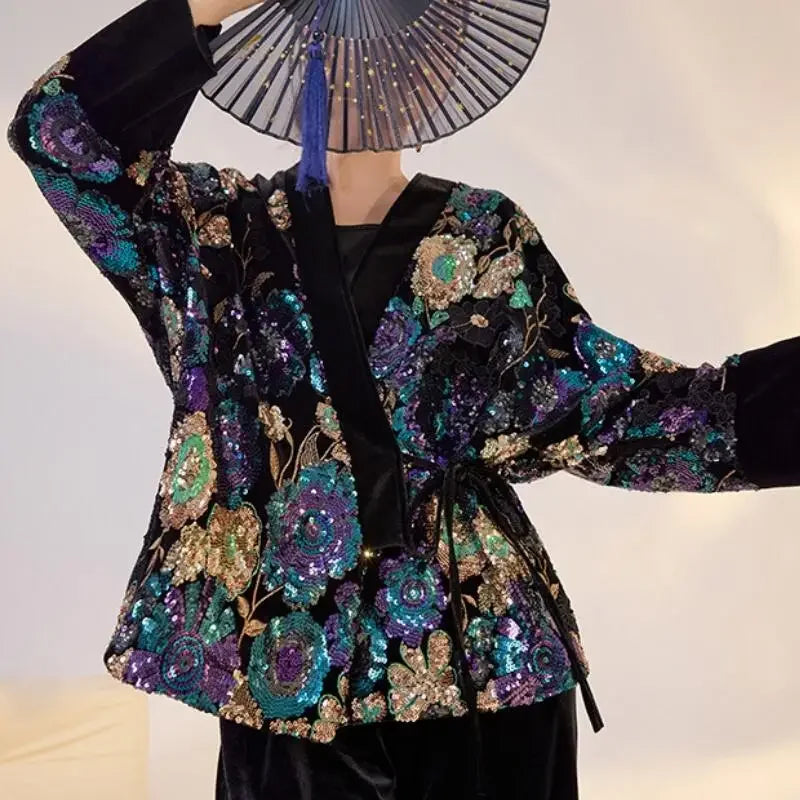 Chinese Style Tang Clothes Sequin Embroidery Hanfu Vintage Mandarin Collar Jacket Lady Elegant Tops Autumn Spring Outwear
