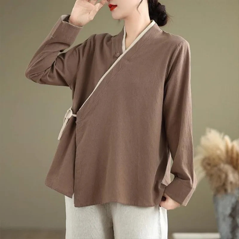 Womens Chinese Style Improved Hanfu Blouse Oblique V Neck Tie Side Contrast Trim Loose Cotton Linen Zen Tea Clothing Tops