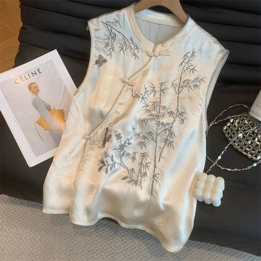 Women's Vest Women's Jackets  Fashion High-end Silk Embroidery new Chinese Vest Coat Female Chinese Style Ruffled Sleeveless top