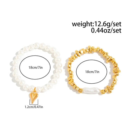 2Pcs/Set Elegant Imitation Pearl Bracelet for Women Bohemian Elastic Rope Chain Bracelet with Heart Pendant Jewelry Gift