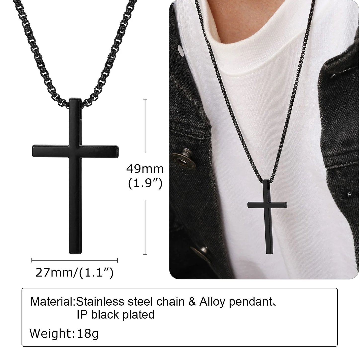 Cross Necklace for Men Women, Silver Color Plain Cross Pendant Collar with Stainless Steel Box Chain