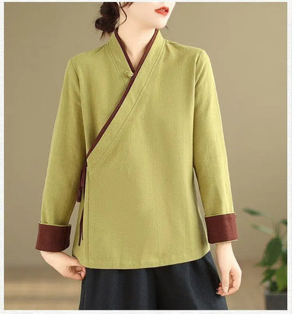 Womens Chinese Style Improved Hanfu Blouse Oblique V Neck Tie Side Contrast Trim Loose Cotton Linen Zen Tea Clothing Tops