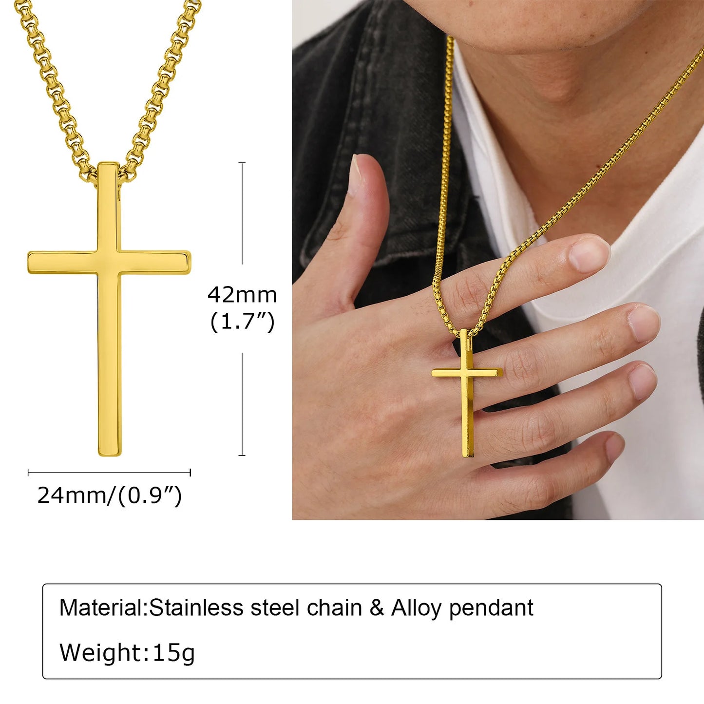 Cross Necklace for Men Women, Silver Color Plain Cross Pendant Collar with Stainless Steel Box Chain