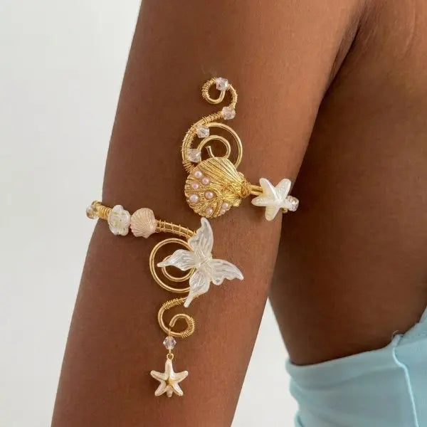 Elegant Gold Color Wire-Wrapped Upper Arm Cuff for Women Romantic Pink Iris Flower Armlet Bracelet Beach Party Charms Jewelry