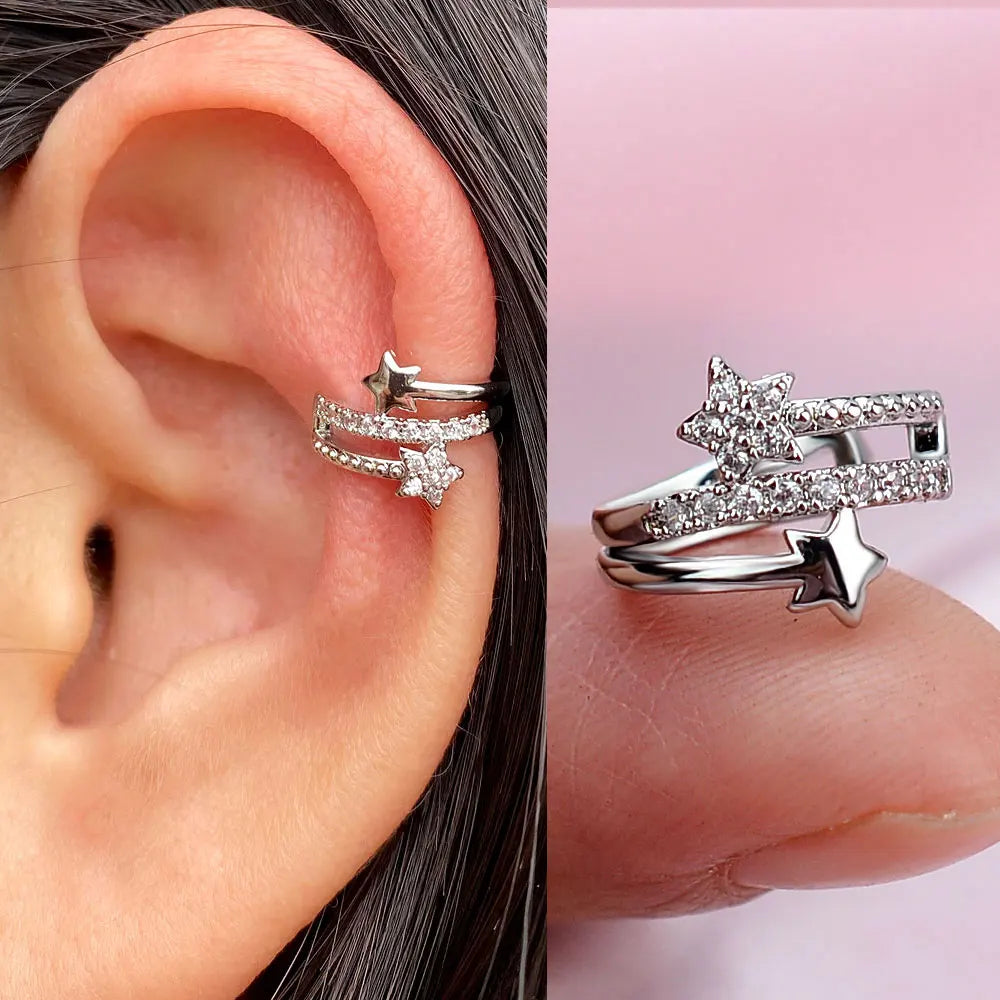 1Pc Fashion Geometry Crystal CZ  Leaf Clip Earring For Women Without Piercing Punk Vintage Star Ear Cuff Wrap Adjustable Jewelry