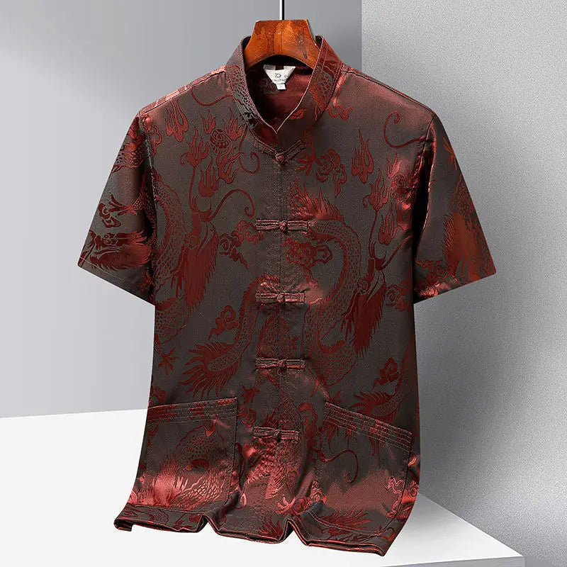 Chinese-style Men Short-sleeved Shirt, Summer Stand-up Collar Single-breasted Shirts, Decorated with Chinese Dragon Patterns.