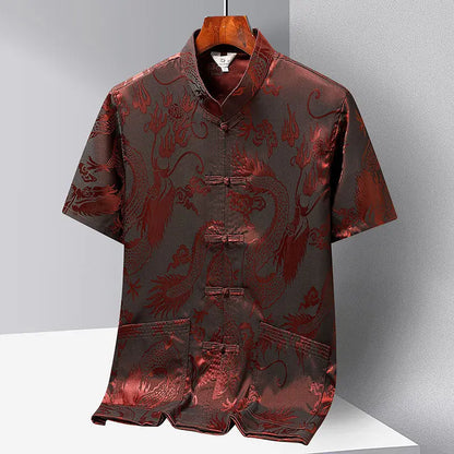 Chinese-style Men Short-sleeved Shirt, Summer Stand-up Collar Single-breasted Shirts, Decorated with Chinese Dragon Patterns.