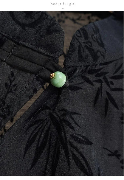 Retro Thin Shirt New Chinese Style Cheongsam Top Black Jacquard Short Sleeve T-shirt Summer Mature Fashion Women's Clothing