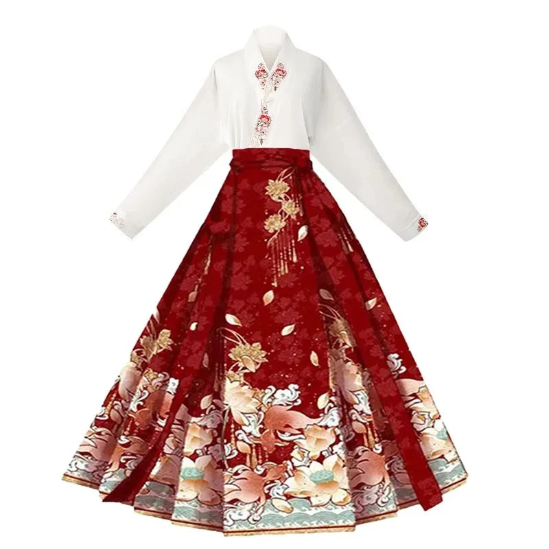New Chinese Horse Face Skirt Two-piece Women's 2024 New Hanfu Female Tops Fashion Loose Print Birthday Party Banquet Dance Dress