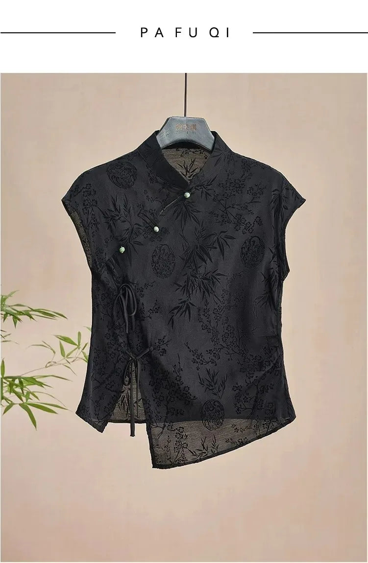 French new Chinese style cheongsam top satin jacquard shoulder short-sleeved T-shirt women new summer retro