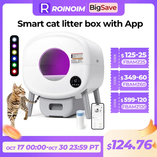 Extra Large Automatic Litter Box Self Cleaning for Multiple Cats, Odor-Free, App-Controlled, Ambient Light Waste Disposal