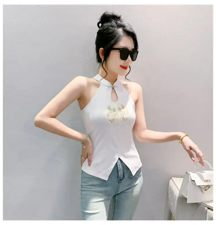 Chinese Style Embroidered Halterneck Vest Ladies Sleeveless Summer Wear Off-the-shoulder Small Suspender Chinese Slim Tank Top