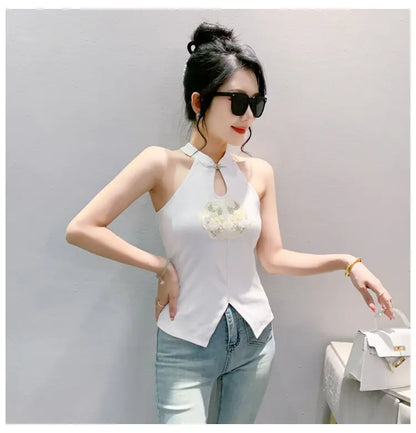 Chinese Style Embroidered Halterneck Vest Ladies Sleeveless Summer Wear Off-the-shoulder Small Suspender Chinese Slim Tank Top