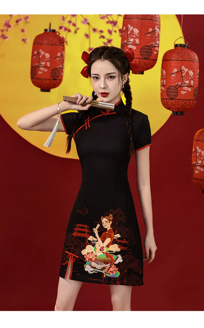 Niche Design Sense Chinese Style Printed Improved Qipao Y2K Vintage High Street Cheongsams Chinese Dress 치파오 китайское платье