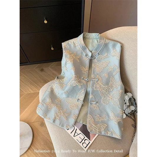 Floral Embroidered Vest Women Retro Chinese Vintage Ethinic Style Sleeveless Tops Oversized