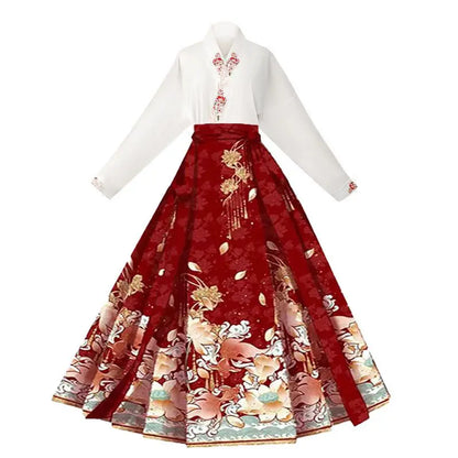 New Chinese Horse Face Skirt Two-piece Women's 2024 New Hanfu Female Tops Fashion Loose Print Birthday Party Banquet Dance Dress