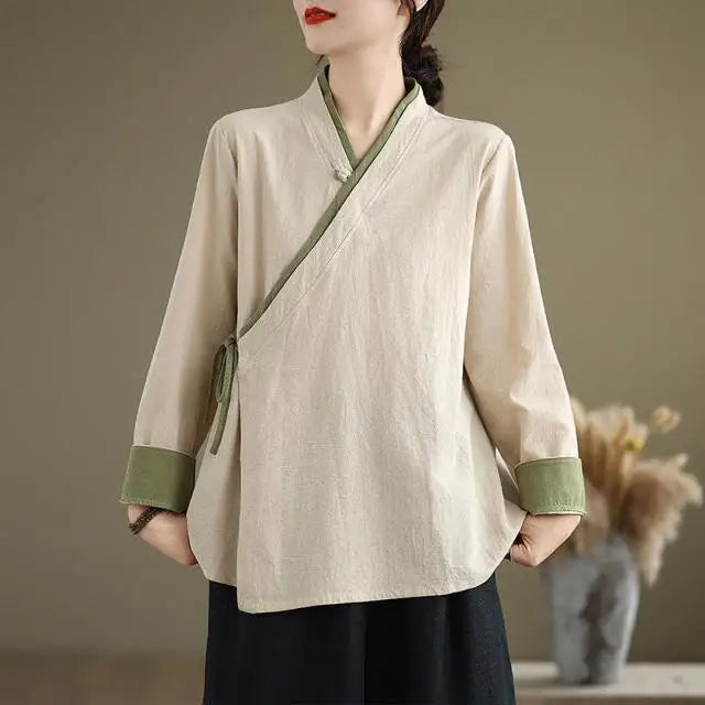 Womens Chinese Style Improved Hanfu Blouse Oblique V Neck Tie Side Contrast Trim Loose Cotton Linen Zen Tea Clothing Tops