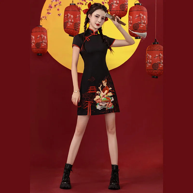 Niche Design Sense Chinese Style Printed Improved Qipao Y2K Vintage High Street Cheongsams Chinese Dress 치파오 китайское платье