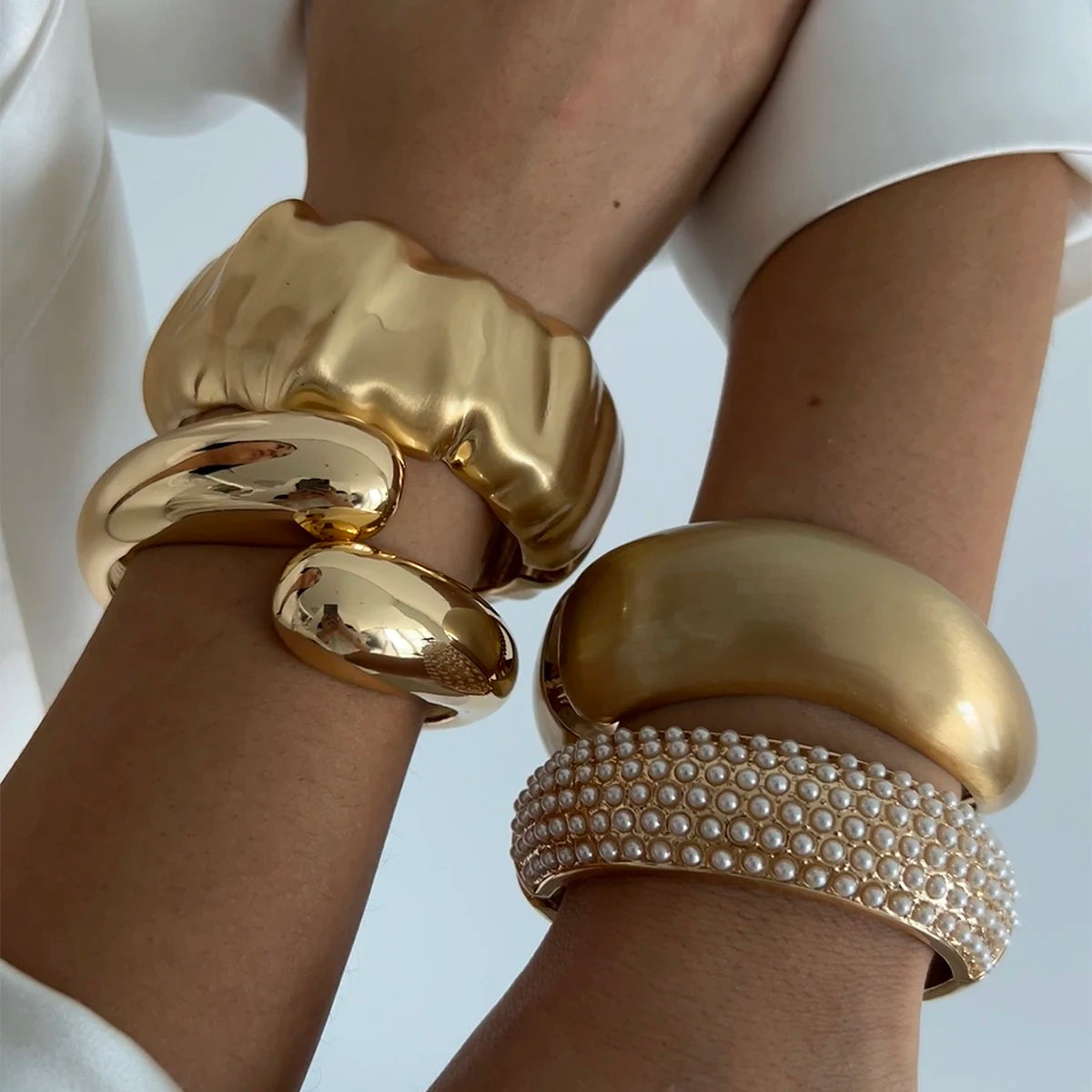 SHIXIN Design Geometric Water Drop Gold Color Wide Spring Bangles for Women Elegant Imitation Pearl Cuff Bracelets New Jewelry