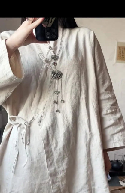 Chinese Style Diagonal Closure Zen Womens Tops Fashion Cotton Linen Asymmetrical Placket Blouse Women Loose Fit Clothes