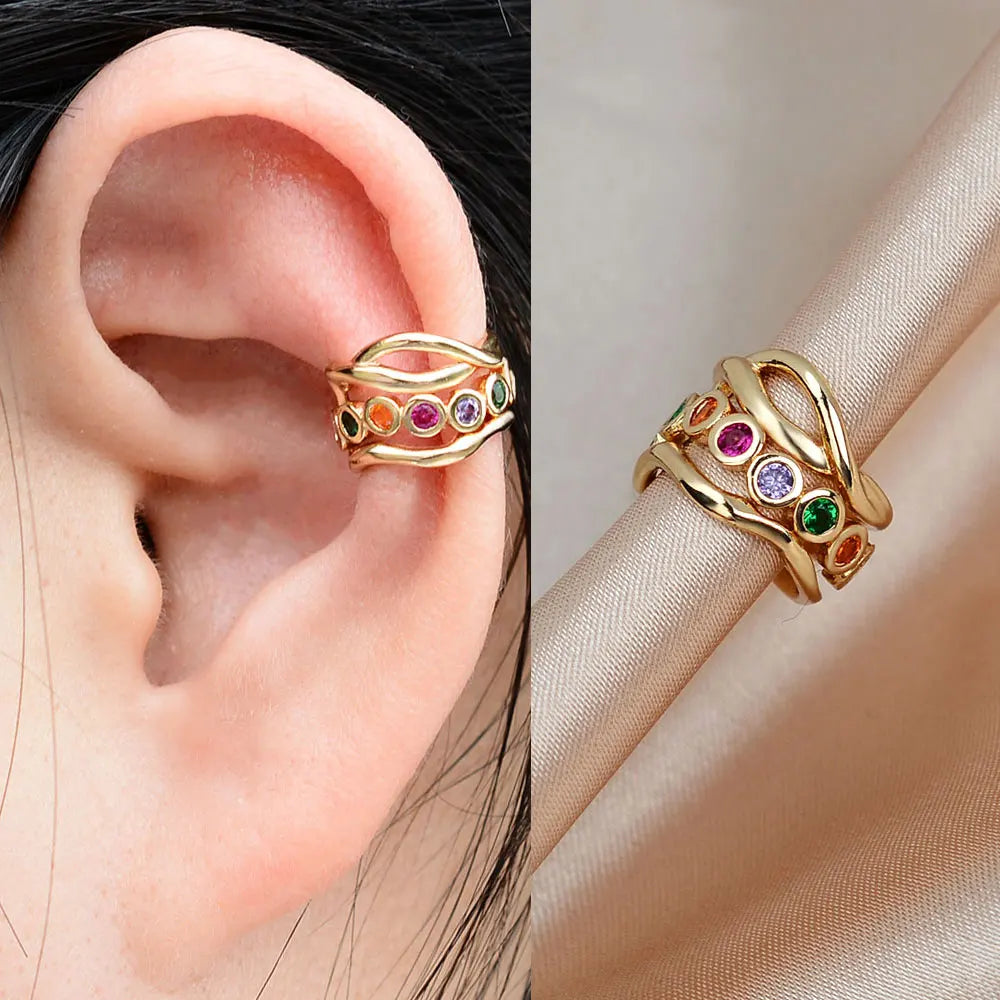 1Pc Fashion Geometry Crystal CZ  Leaf Clip Earring For Women Without Piercing Punk Vintage Star Ear Cuff Wrap Adjustable Jewelry