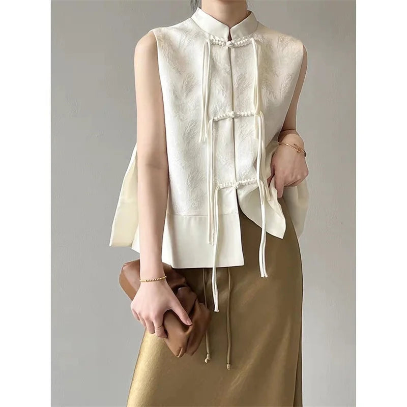 Chinese New Plate Button Vest Jacket 2025 Spring New Jacquard Stand Collar Sleeveless Waistcoat Retro Women Cheongsam Tops