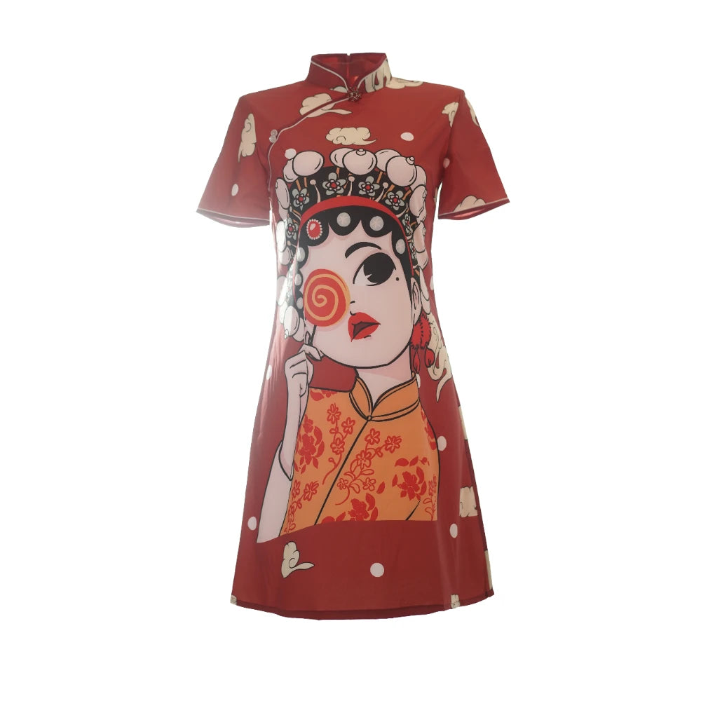 Chinese Traditional National Style Fashion Cartoon Printing Qipao Dress Summer Short Sleeve Elegant Modern Improved Cheongsam