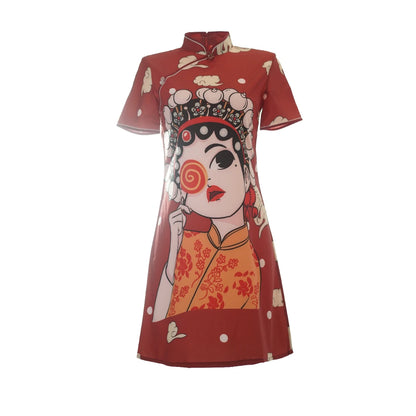 Chinese Traditional National Style Fashion Cartoon Printing Qipao Dress Summer Short Sleeve Elegant Modern Improved Cheongsam