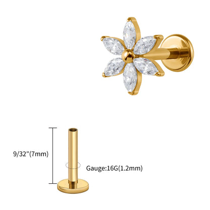 Right Grand ASTM F136 Titanium 16G Marquise Flower CZ Labret Stud Helix Conch Cartilage Tragus Flat Back Piercing Body jewelry