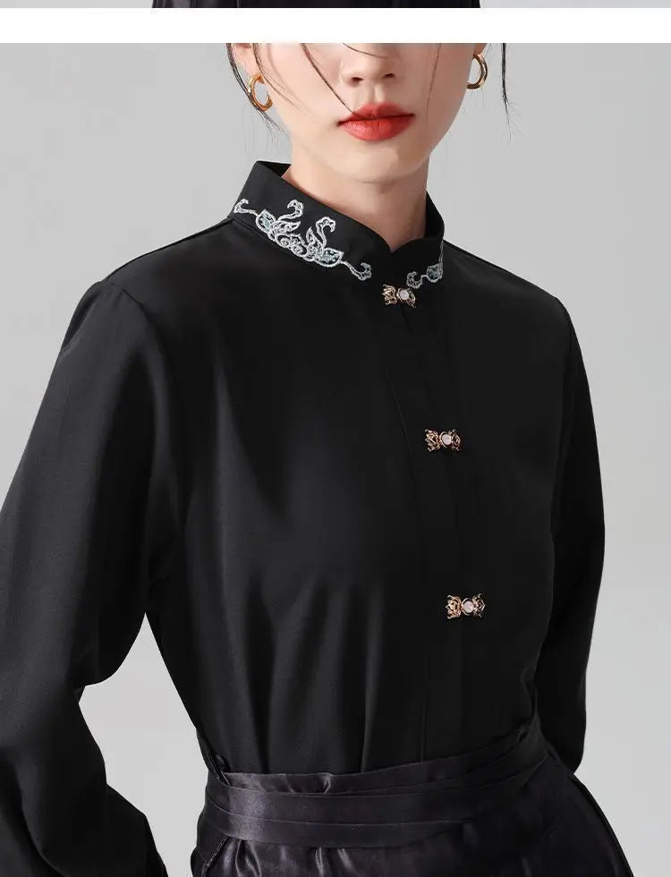 Chinese Style Standing Collar Long Sleeved Shirt for Early Spring Style with Embroidered Chinese Style Women's Clothing Inside