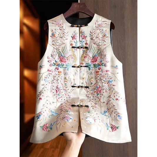 Floral Embroidery Vest Women Sleeveless Embroidered Retro Tops Chinese Style Ethnic Vintage Tang Vest