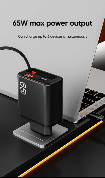 65W Super Fast Charge Type C USB Phone Charger With Retractable USB C Cable For Iphone 17 16 15 Samsung POCO Xiaomi