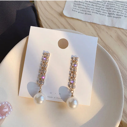 New Trend Simulation Pearl Long Earrings Women's Flower Rhinestone Wedding Pendant Earrings Fashion Korean Jewelry Earrings